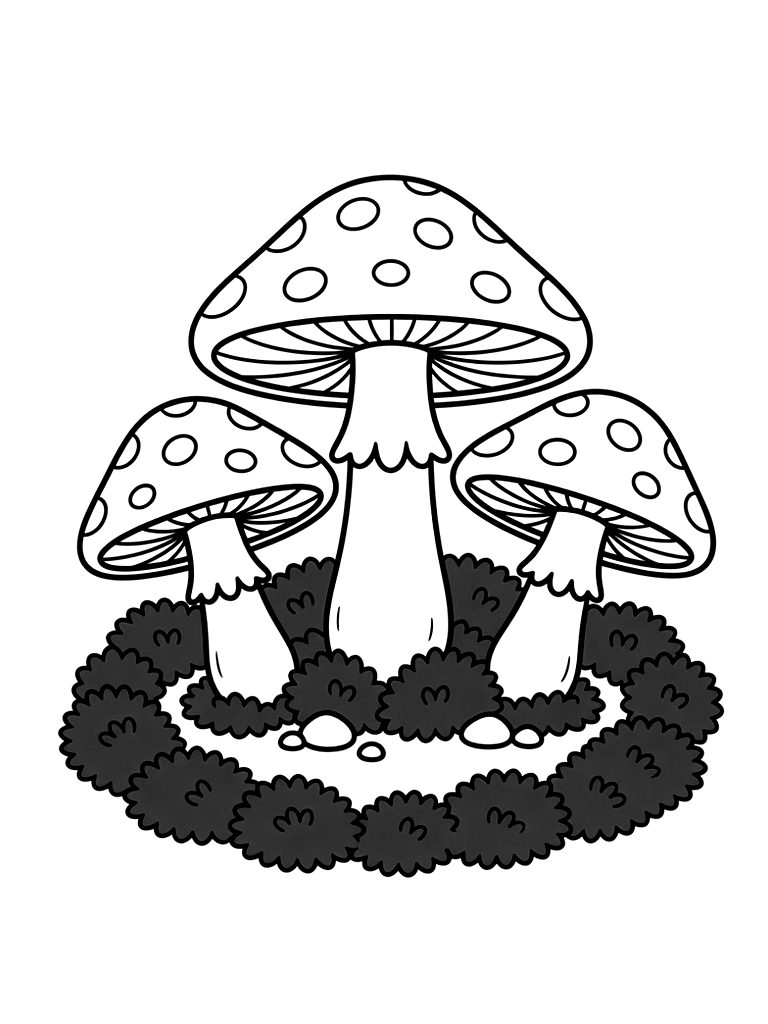 Trio Of Amanita Muscaria Mushrooms In A Ring Of Emerald Moss Coloring Page