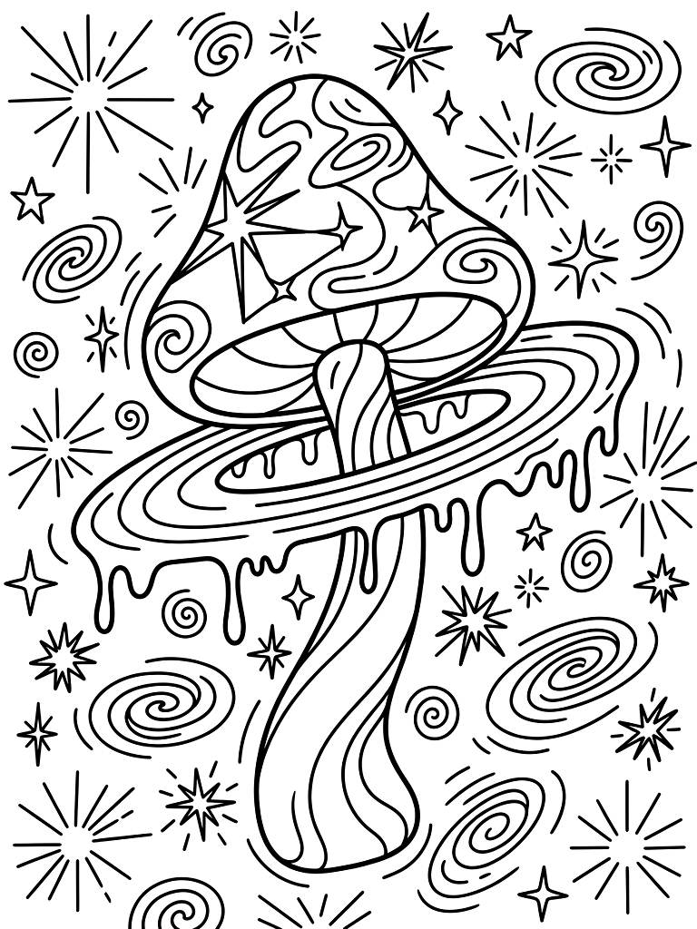 Trippy Cosmic Mushroom With Melting Saturn Rings And A Neon Galaxy Starburst Background coloring page — free printable for kids and adults