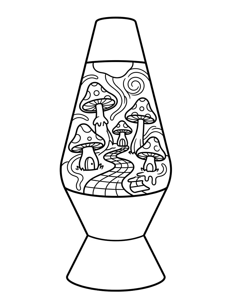 Trippy Psychedelic Mushroom Town Inside A Vintage Lava Lamp Container With Neon Swirls And Melting Checkerboard Pathways Coloring Page