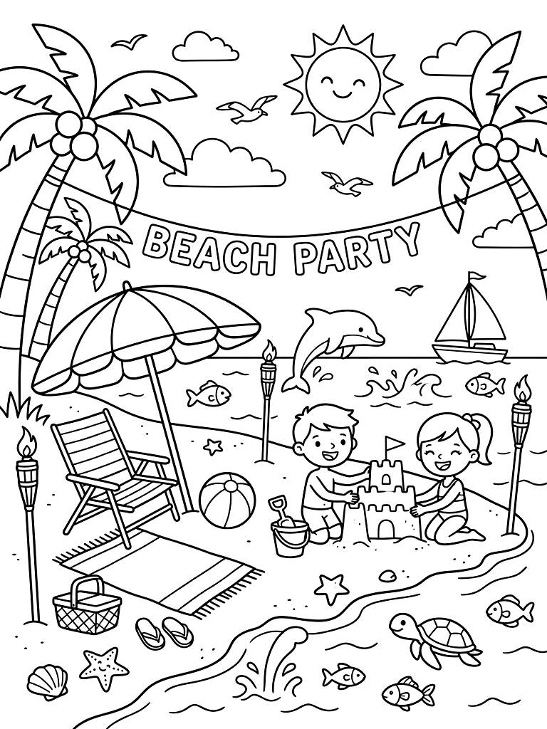 Tropical Beach Party & Ocean Elements coloring page — free printable for kids and adults