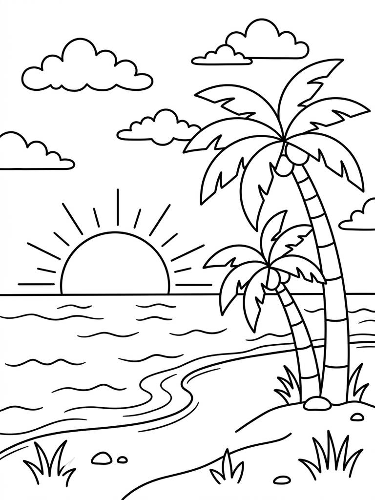 Tropical Beach Sunset With Palm Trees Coloring Page