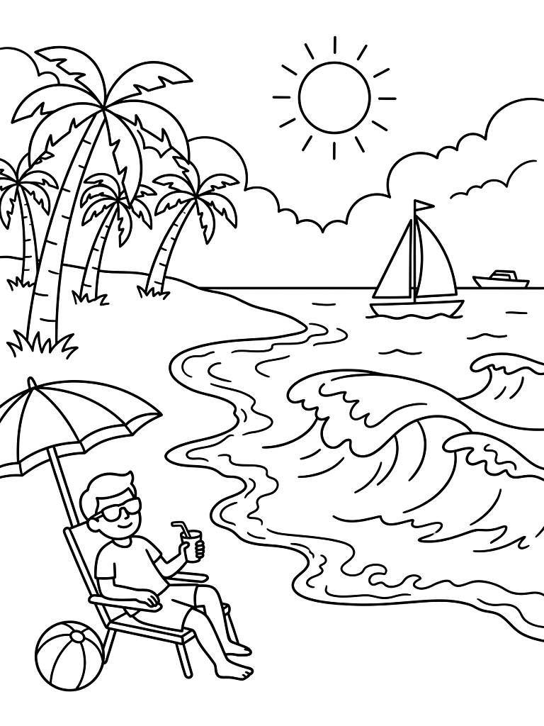 Tropical Beach Vacation & Ocean Waves Coloring Page