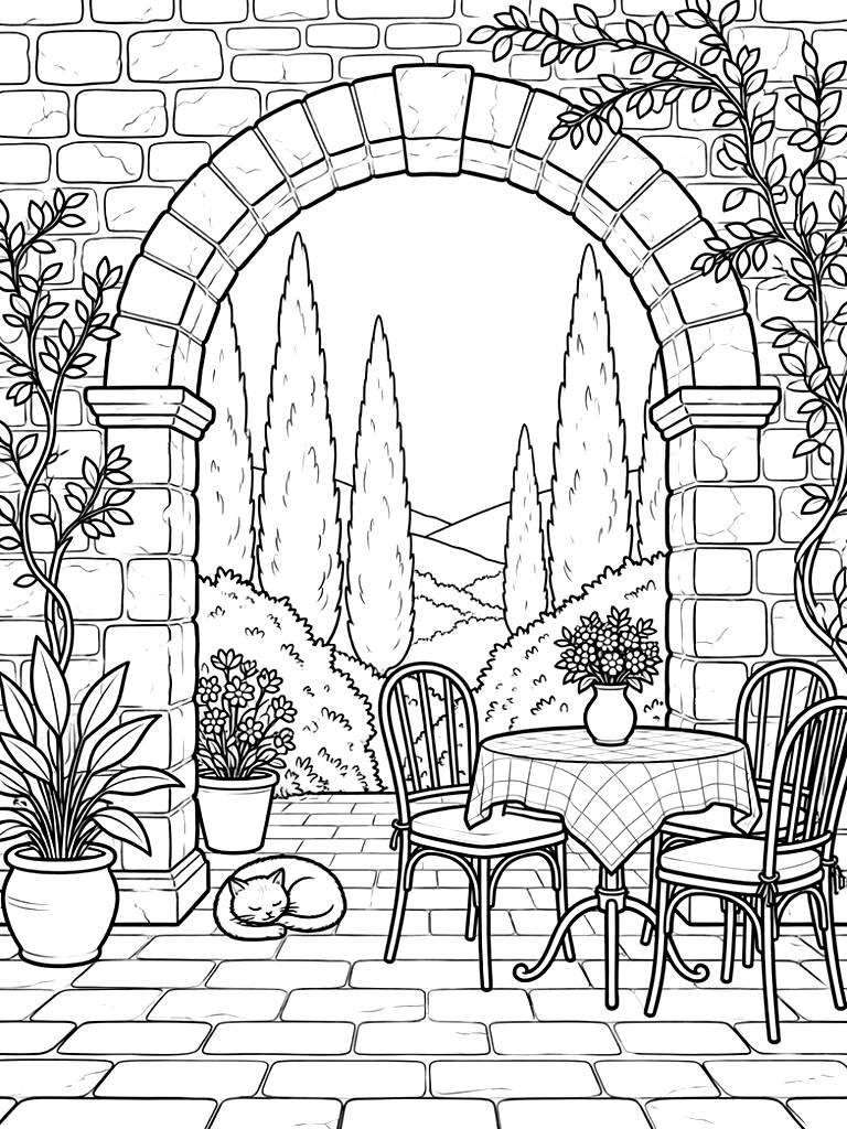 Tuscan Villa Patio With A Stone Archway And A View Of Cypress Trees Coloring Page