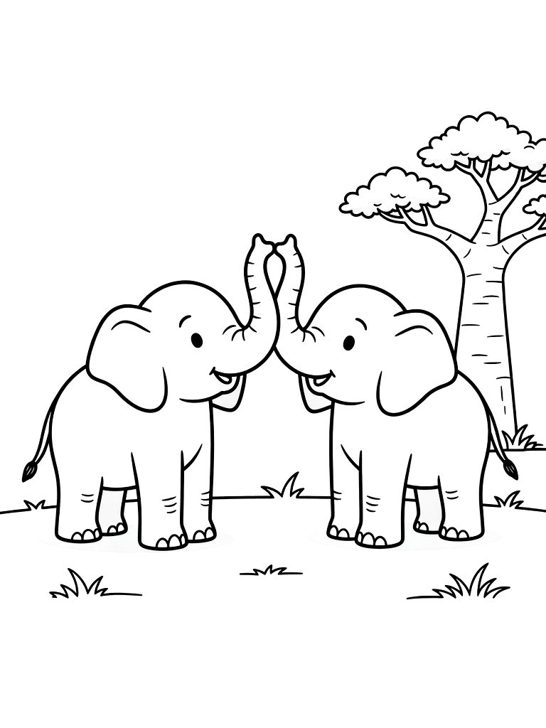 Two Adult Elephants Touching Trunks In A Greeting Gesture On A Grassy Plain With A Baobab Tree Coloring Page