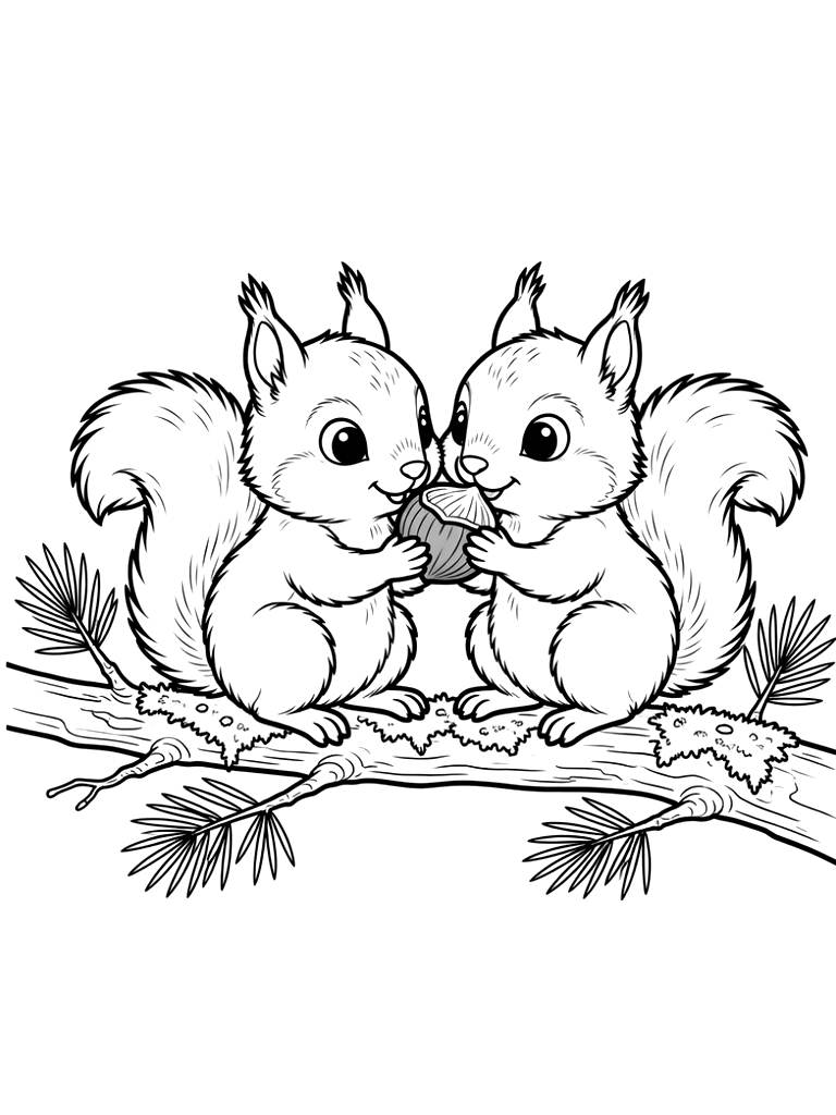 Two Fluffy Baby Red Squirrels Sharing A Hazelnut On A Mossy Pine Branch In A Sunlit Spring Forest Clearing coloring page — free printable for kids and adults