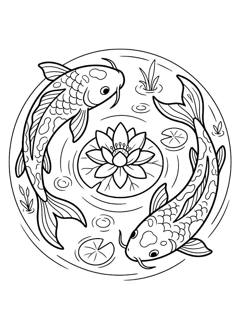Two Graceful Koi Fish Swimming In A Perfect Tranquil Circle Around A Floating Lotus Blossom In A Still Water Garden coloring page — free printable for kids and adults