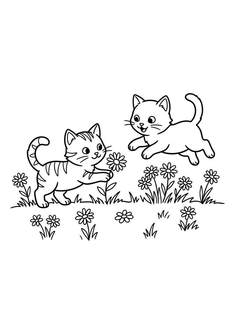 Two Kittens Playing Together, Sunny Meadow With Daisies Coloring Page
