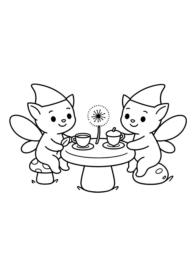 Two Small Fairies Using A Flat White Mushroom As A Table For A Tea Party With Acorn Cups And A Dandelion Puff Coloring Page