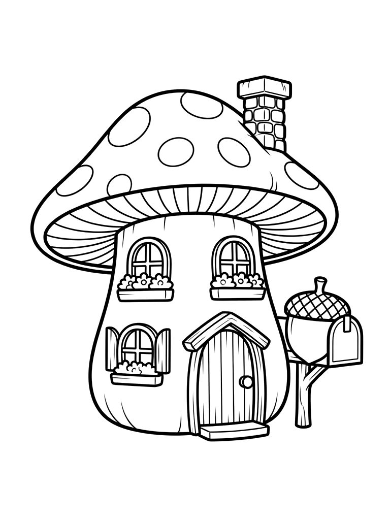 Two-story Mushroom Cottage With A Stone Chimney And An Acorn Mailbox Coloring Page