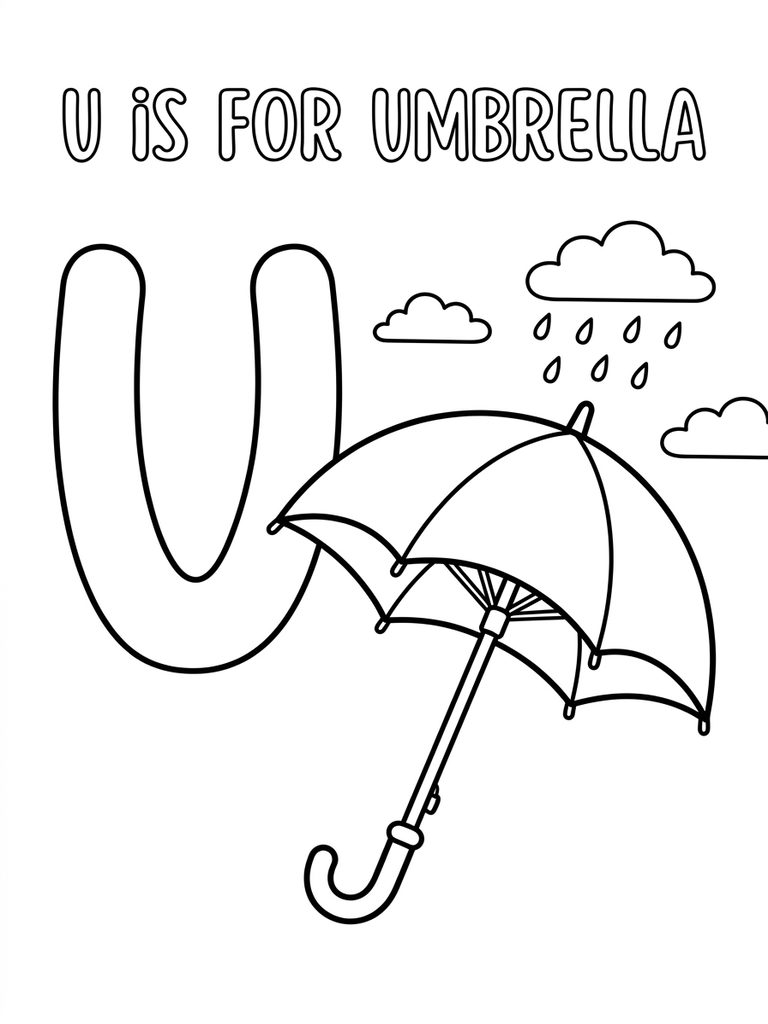 U Is For Umbrella coloring page — free printable for kids and adults