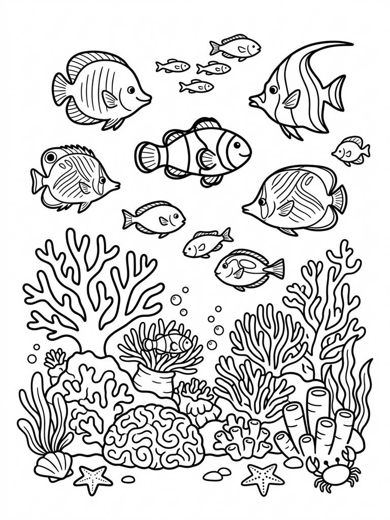 Underwater Coral Reef With Tropical Fish Coloring Page