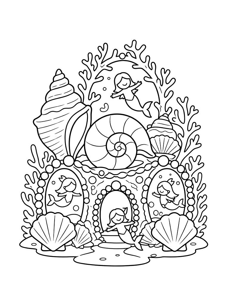 Underwater Palace Built Of Giant Seashells And Pearls With Mermaids Swimming Through Coral Arches Coloring Page