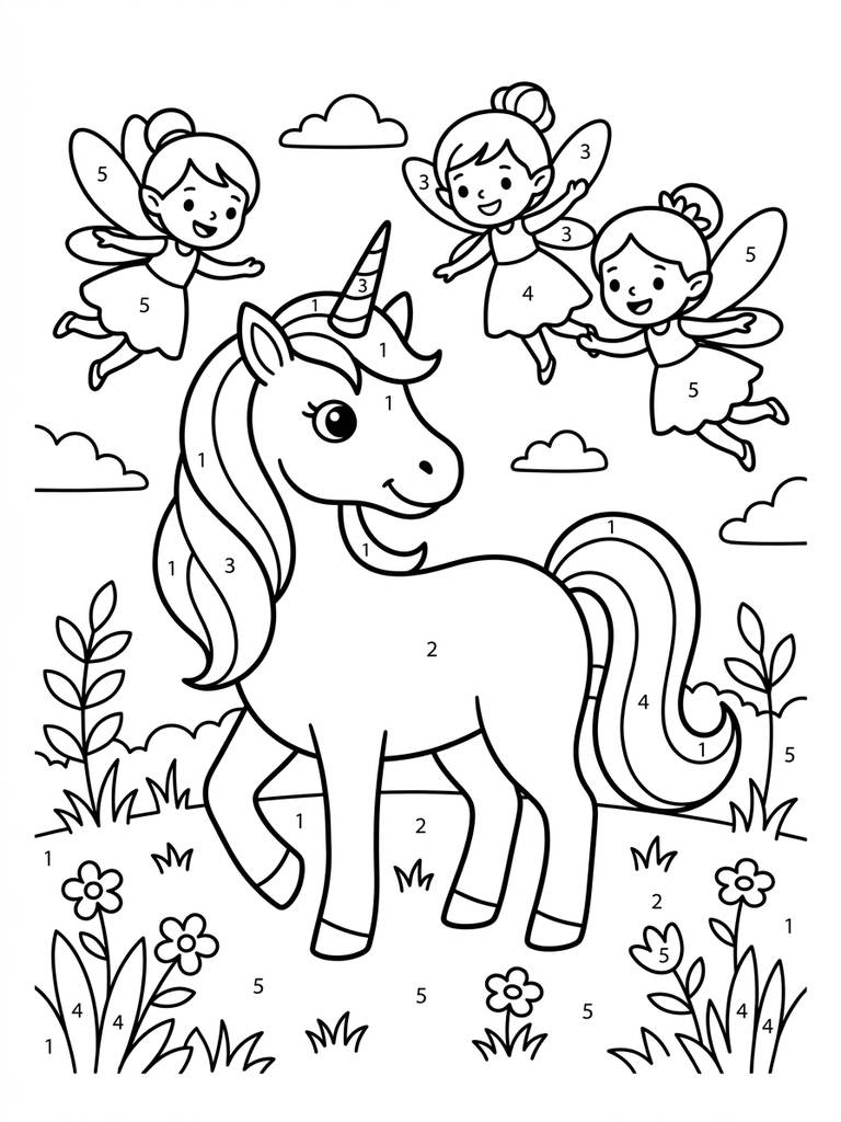Unicorn And Fairy Friends Color By Number Coloring Page