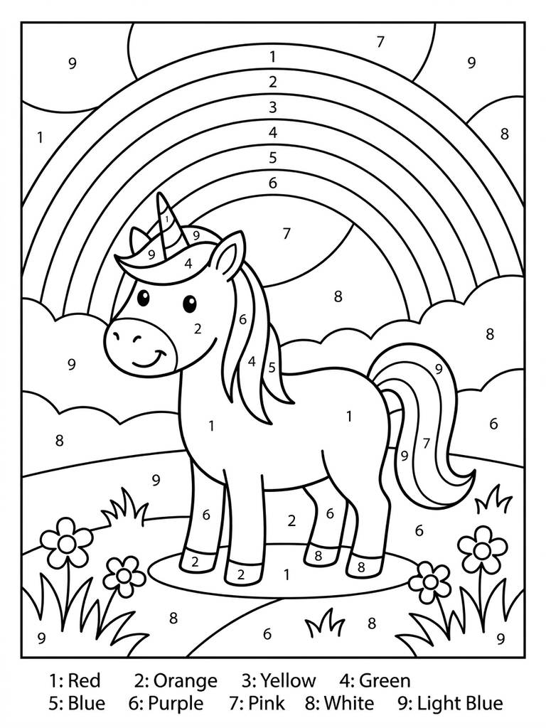 Unicorn At Sunset Rainbow Color By Number Coloring Page