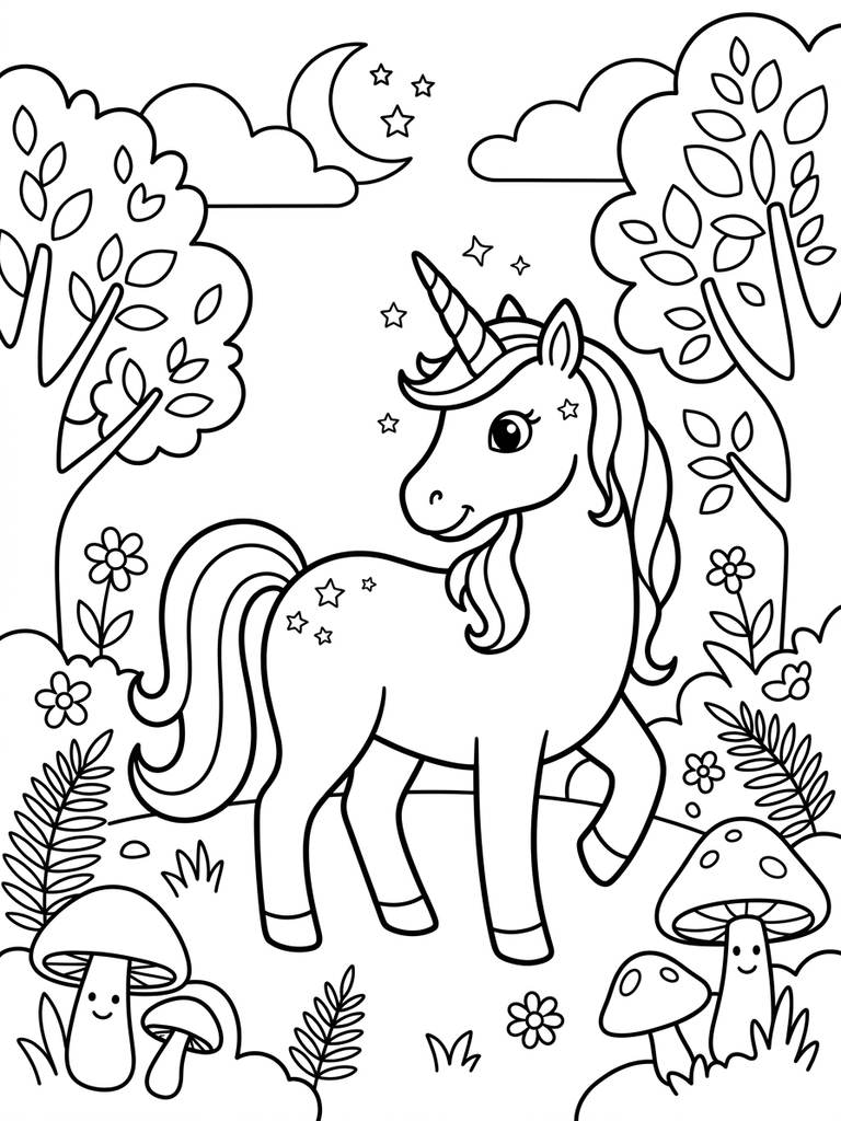 Unicorn In Enchanted Forest Coloring Page
