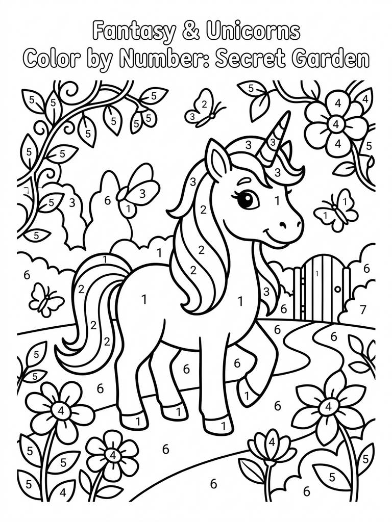 Unicorn In Secret Garden Color By Number Coloring Page