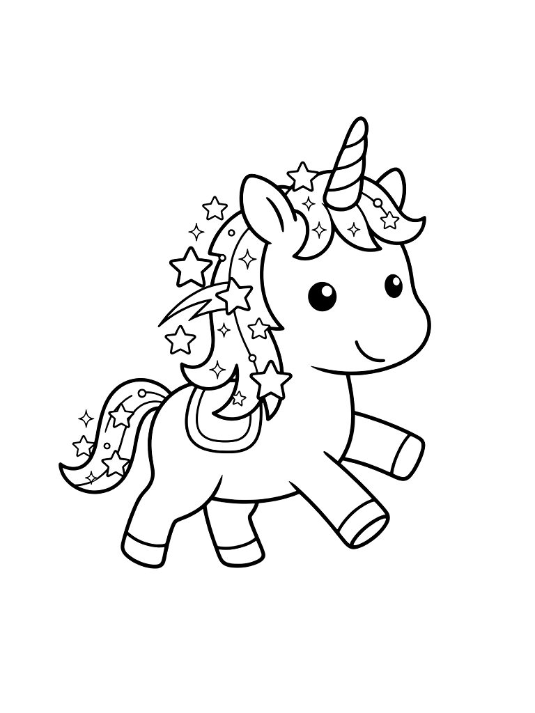Unicorn With A Mane Made Of Stars And A Magical Horn That Glows Coloring Page