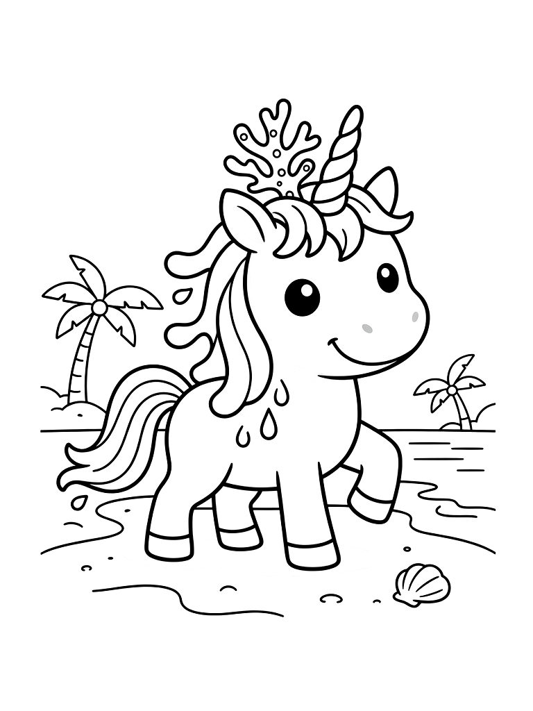 Unicorn With A Mane Of Flowing Water And A Horn Made Of Coral Standing On A Tropical Beach Coloring Page