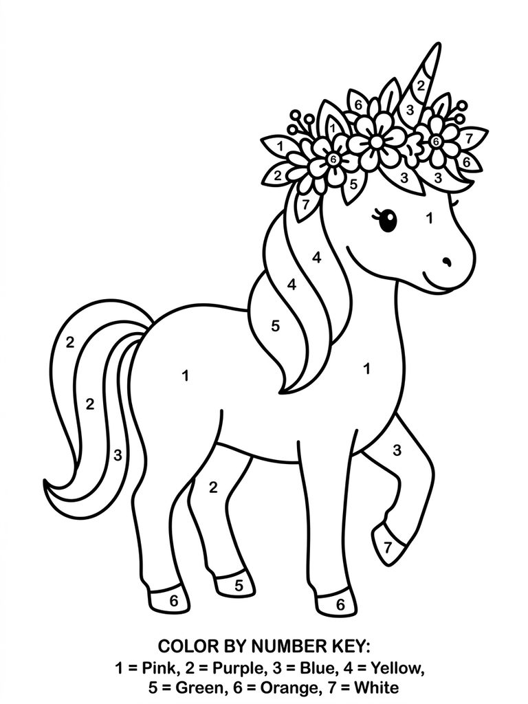 Unicorn With Flower Crown Color By Number Coloring Page