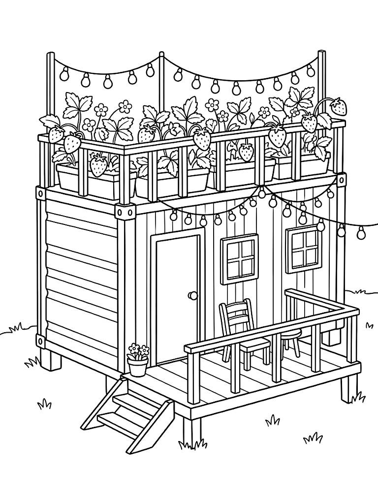 Upcycled Shipping Container Tiny Home With A Rooftop Blooming Strawberry Garden And String Lights Draped Over A Wooden Deck Coloring Page