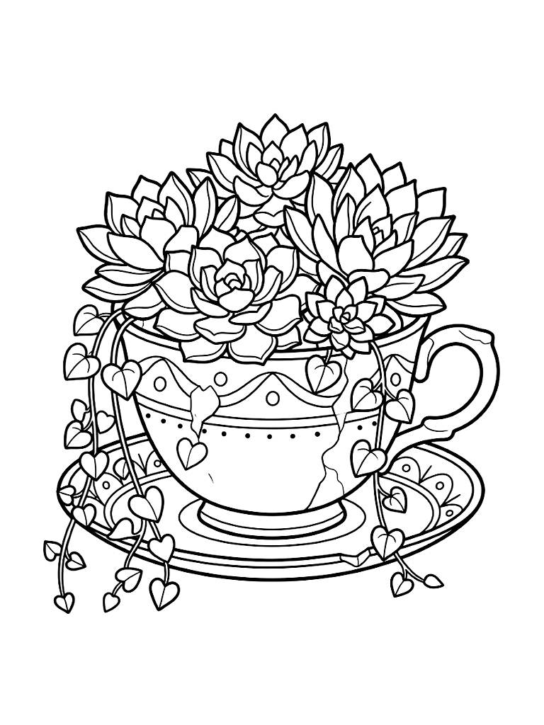 Upcycled Vintage Teacup Planter Filled With A Cluster Of Pastel Echeveria Succulents And Trailing String Of Hearts Coloring Page