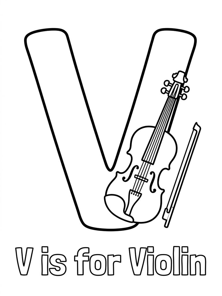 V Is For Violin coloring page — free printable for kids and adults