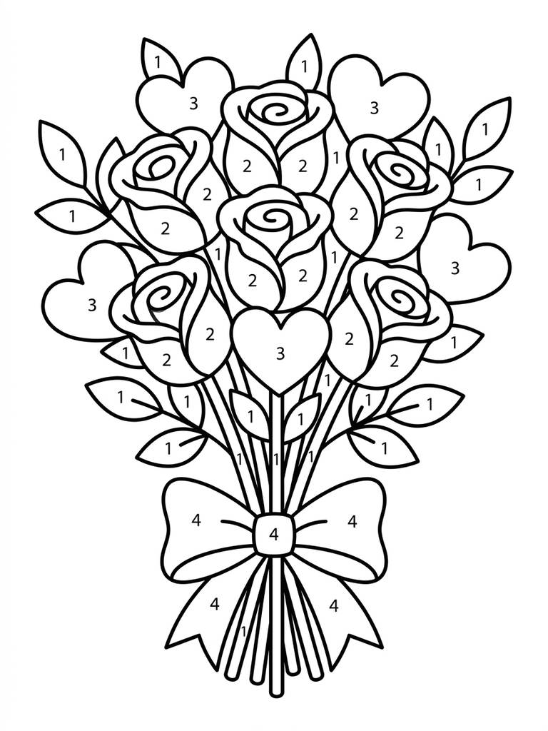Valentine Hearts And Roses Bouquet By Number Coloring Page