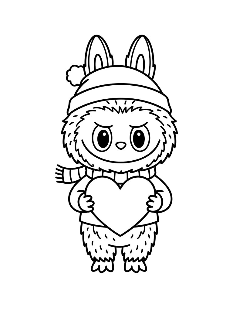 Valentine Labubu Holding Heart Coloring Page