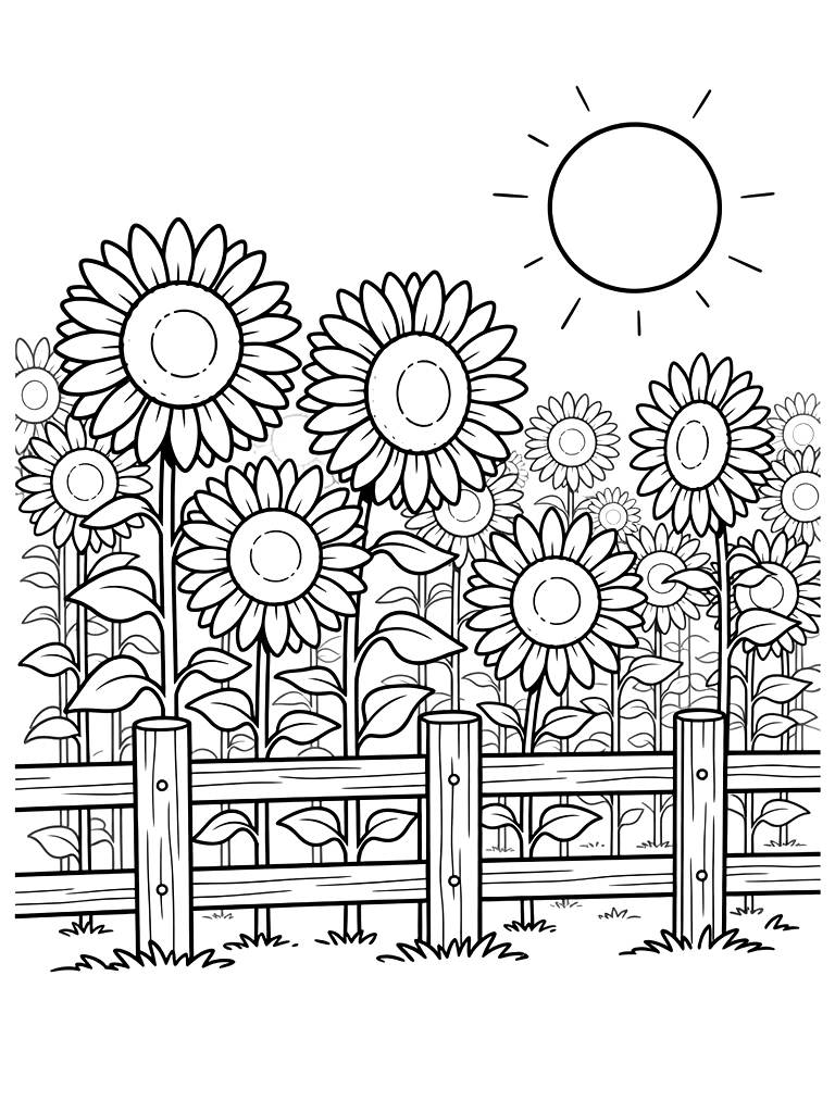 Vast Field Of Tall Sunflowers All Facing A Large Orange Setting Sun With A Wooden Fence Coloring Page
