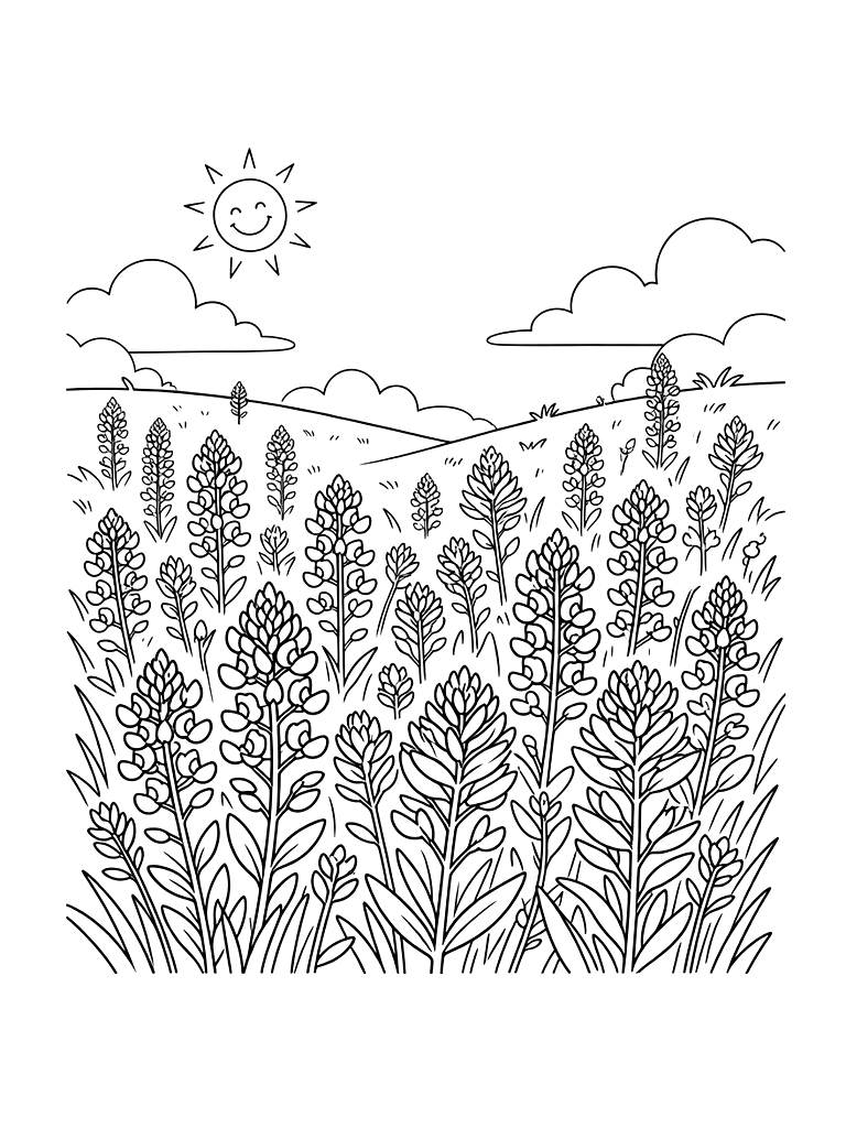 Vast Field Of Texas Bluebonnets And Indian Paintbrush Under A Wide Spring Sky Coloring Page — free printable for kids and adults