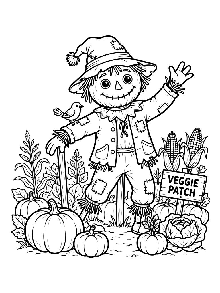 Vegetable Patch With Scarecrow Coloring Page