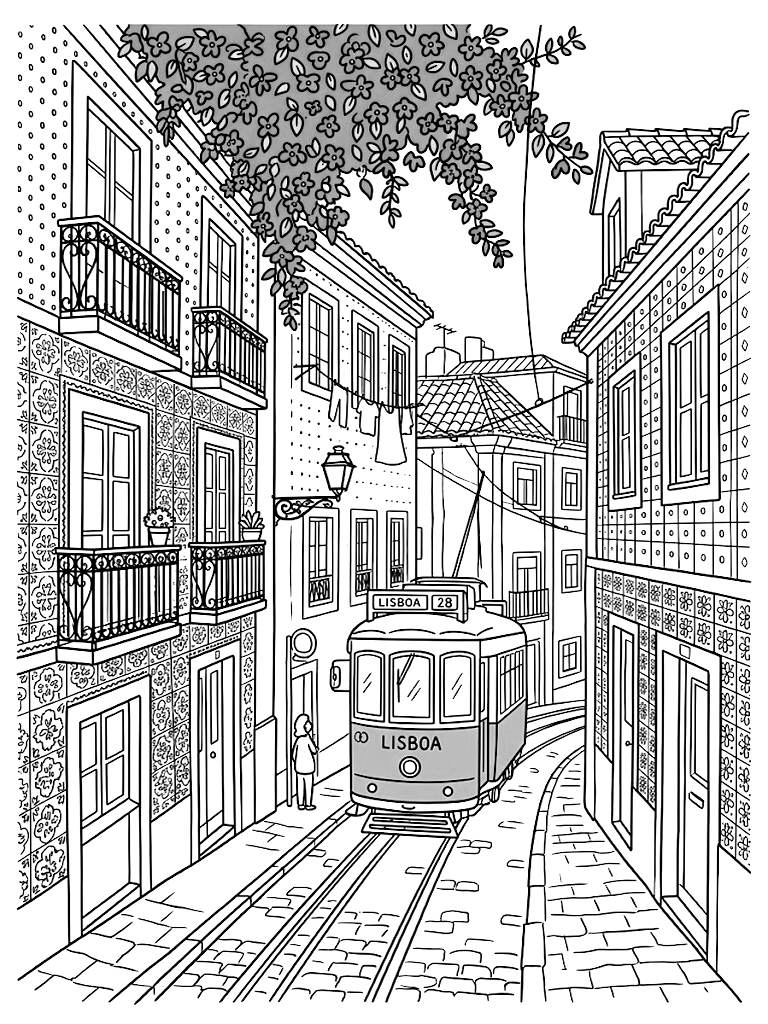 Vibrant Lisbon City Street Featuring Intricate Azulejo Tile Buildings A Classic Yellow Tram And Overhanging Purple Bougainvillea Coloring Page