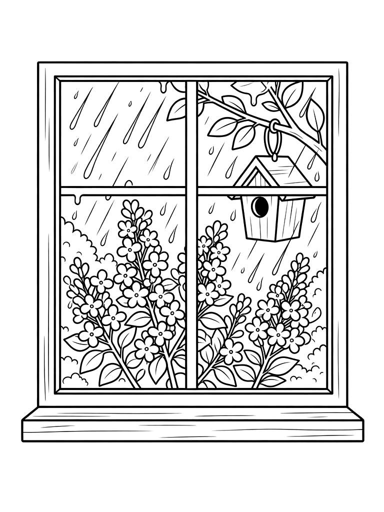 View Through A Rain-streaked Window Overlooking A Garden Of Blooming Purple Lilacs And A Birdhouse Coloring Page