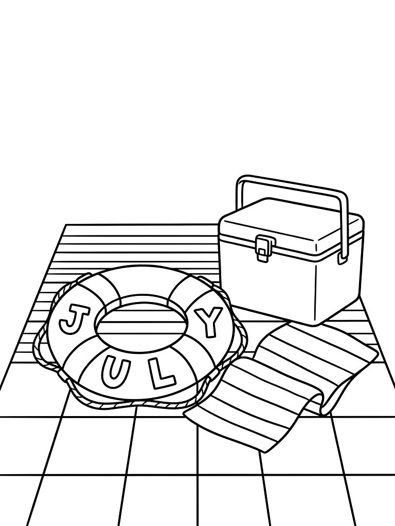 Vintage Nautical Life Ring Spelling July Resting On A Wooden Lake Dock Next To A Retro Cooler And A Striped Towel Coloring Page