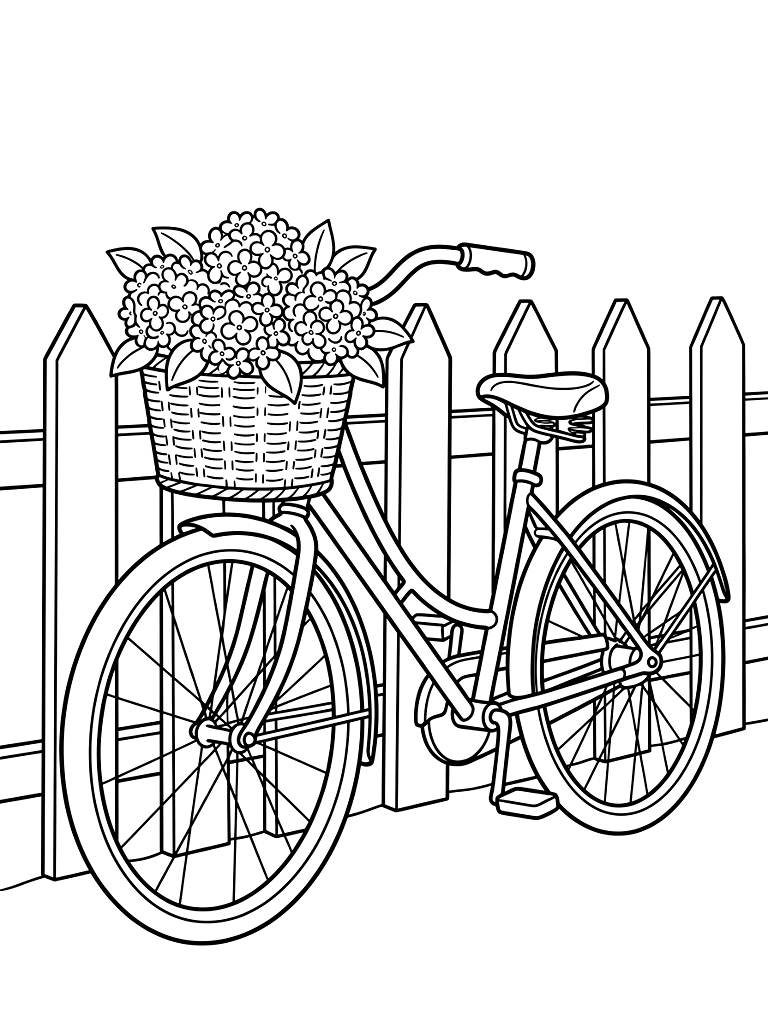 Vintage Pastel Bicycle With A Wicker Basket Overflowing With Blooming Hydrangeas Leaning Against A White Picket Fence coloring page — free printable for kids and adults