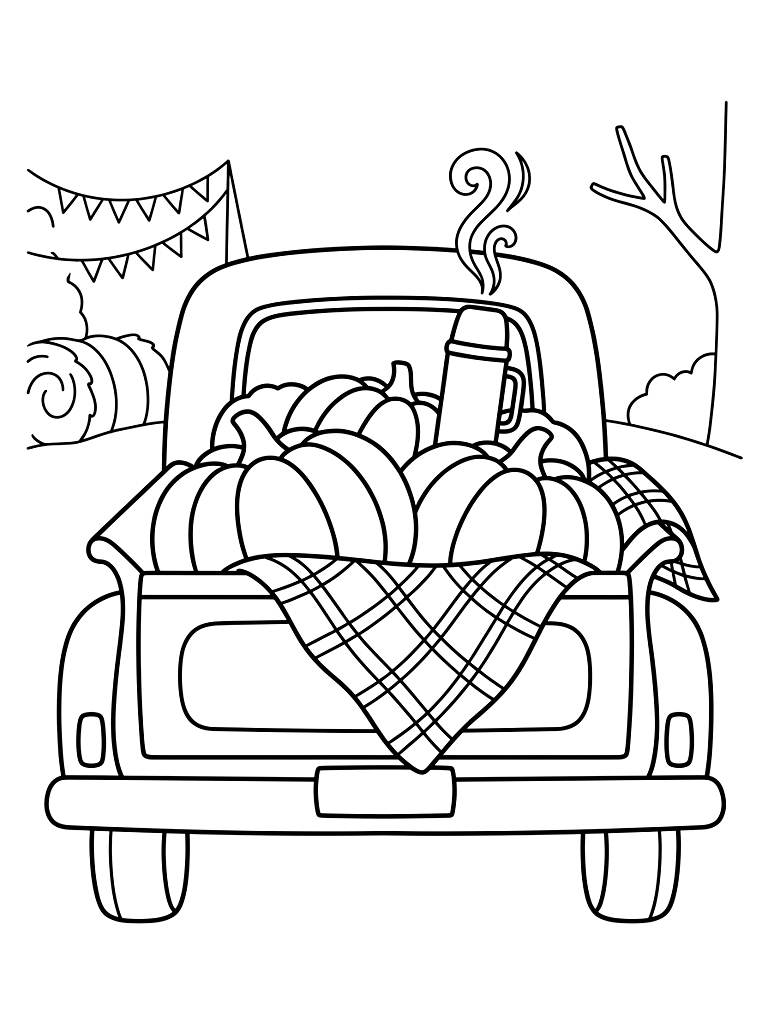 Vintage Pickup Truck Bed Filled With Giant Harvest Pumpkins Plaid Blankets And A Steaming Thermos At A Fall Festival Coloring Page