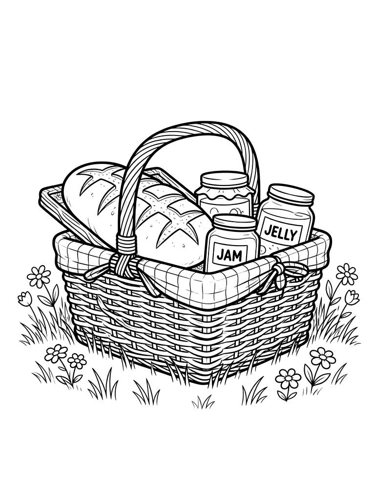 Vintage Picnic Basket With Sourdough Bread And Jars Of Jam In A Meadow Coloring Page — free printable for kids and adults