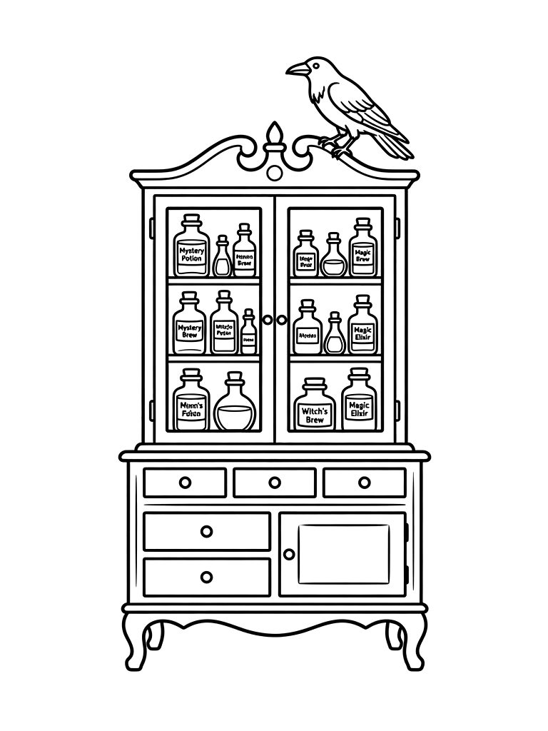 Vintage-style Apothecary Cabinet Filled With Mystery Potions And A Crow Perched On Top Coloring Page