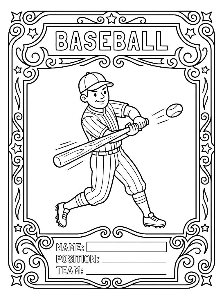 Vintage-Style Baseball Card Template Featuring A Classic 1920s Batter Mid-Swing With Decorative Ornate Borders Coloring Page