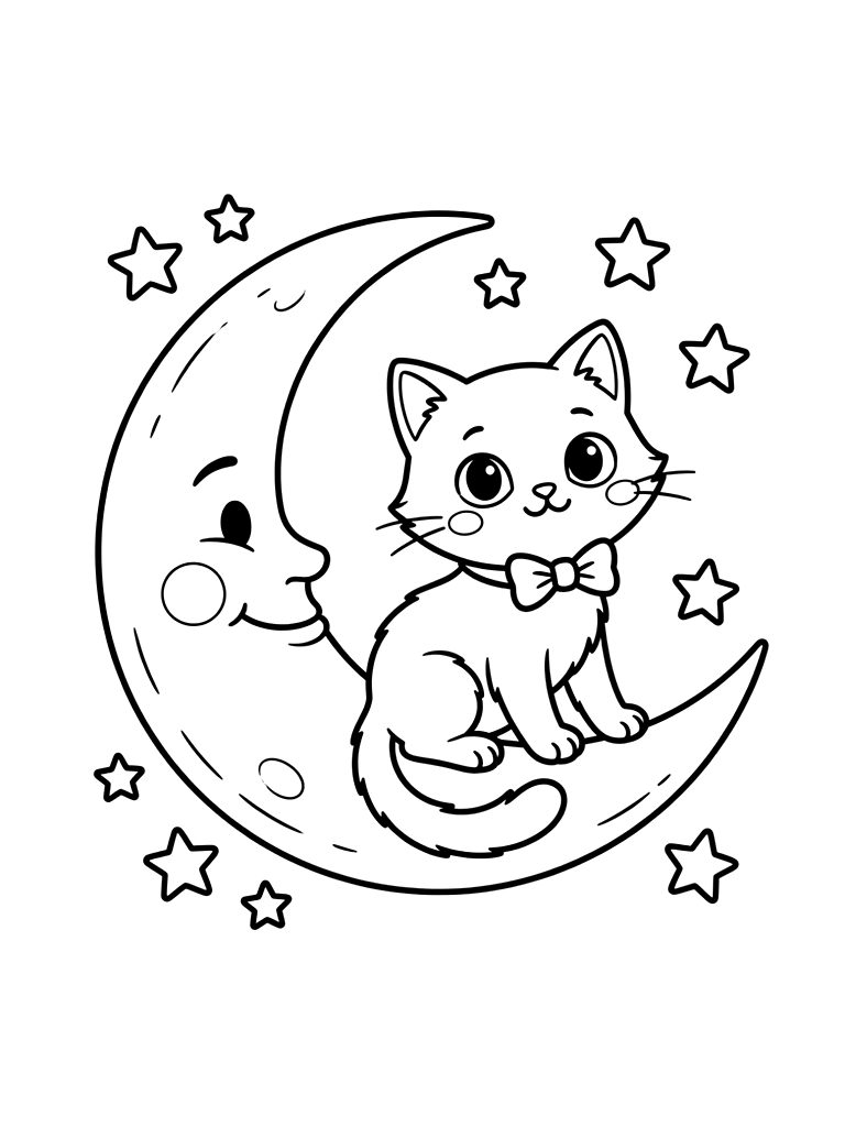 Vintage-style Black Cat Sitting On A Glowing Crescent Moon With Stars Coloring Page