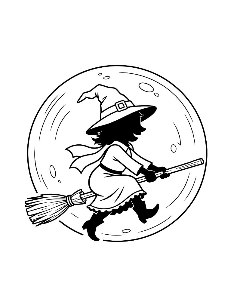 Vintage-style Witch’s Flight Scene With A Silhouette Against A Giant Harvest Moon Coloring Page