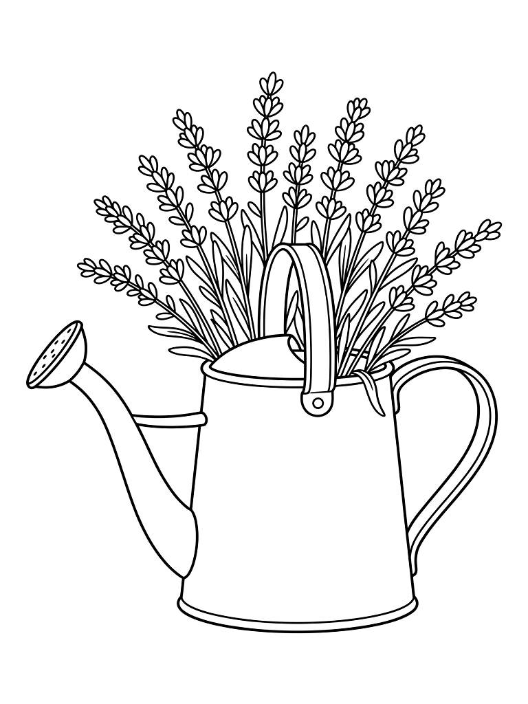 Vintage Watering Can Overflowing With Blooming Lavender Coloring Page