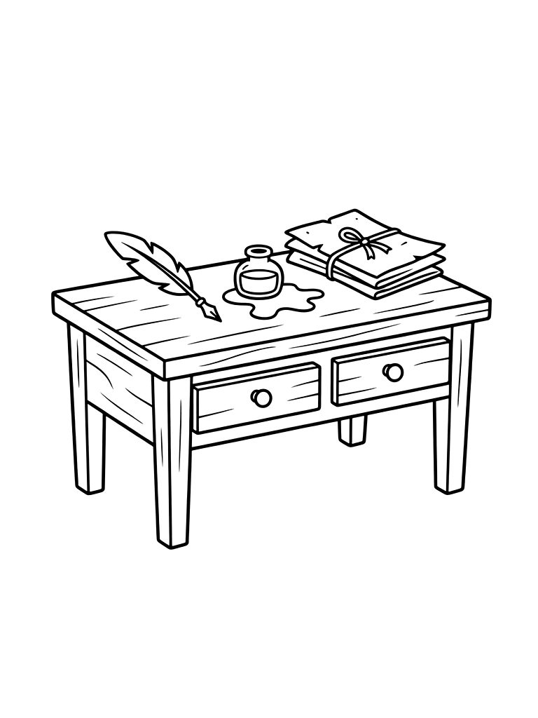 Vintage Wooden Desk With A Quill Pen Coloring Page