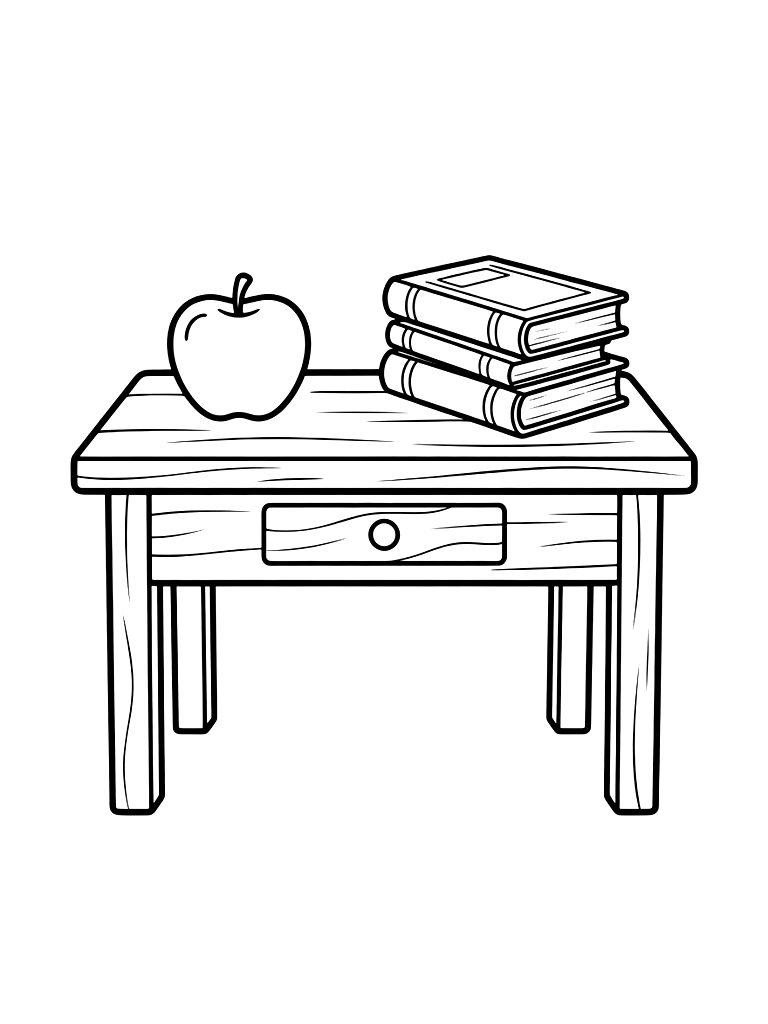 Vintage Wooden Desk With A Red Apple And A Stack Of Old Books For The Start Of School Coloring Page