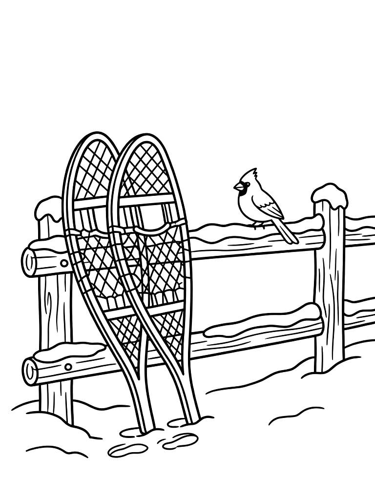 Vintage Wooden Snowshoes Leaning Against A Snowy Split-Rail Fence With A Bright Red Cardinal Perched On The Top Rail Coloring Page