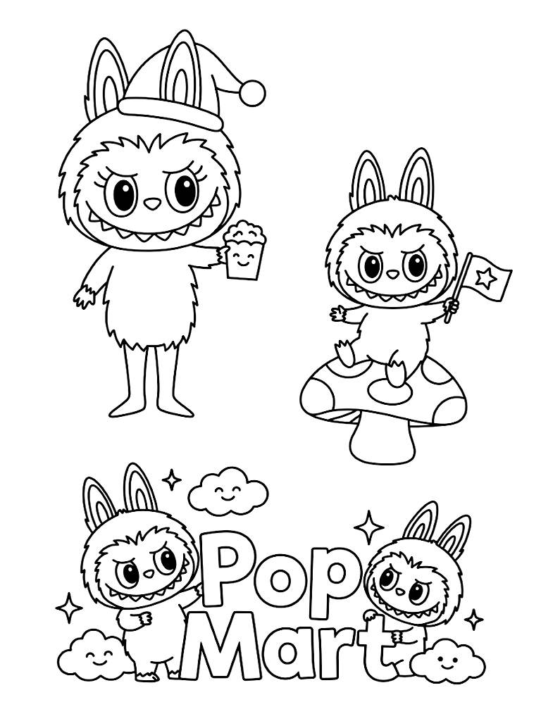Viral Labubu Pop Mart Art Toy Scenes coloring page — free printable for kids and adults