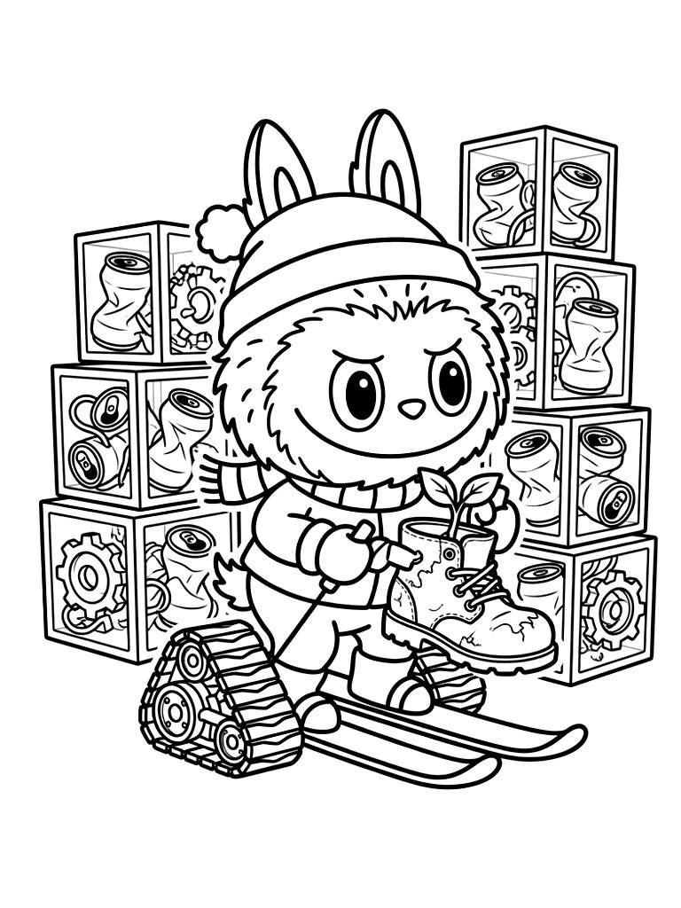 WALL-E Carefully Holding A Tiny Green Sprout Inside An Old Boot Surrounded By Towering Cubes Of Compacted Scrap Metal coloring page — free printable for kids and adults