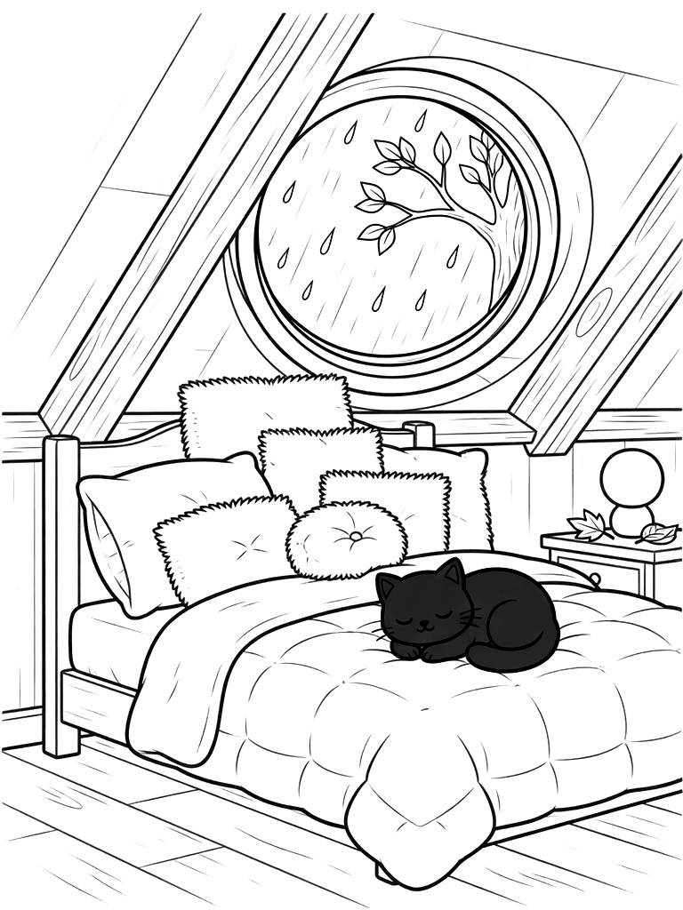 Warm Cozy Attic Room During Autumn With A Round Skylight Window Showing Rain Drops coloring page — free printable for kids and adults