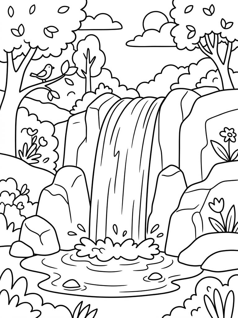 Waterfall And Nature Color By Number Coloring Page