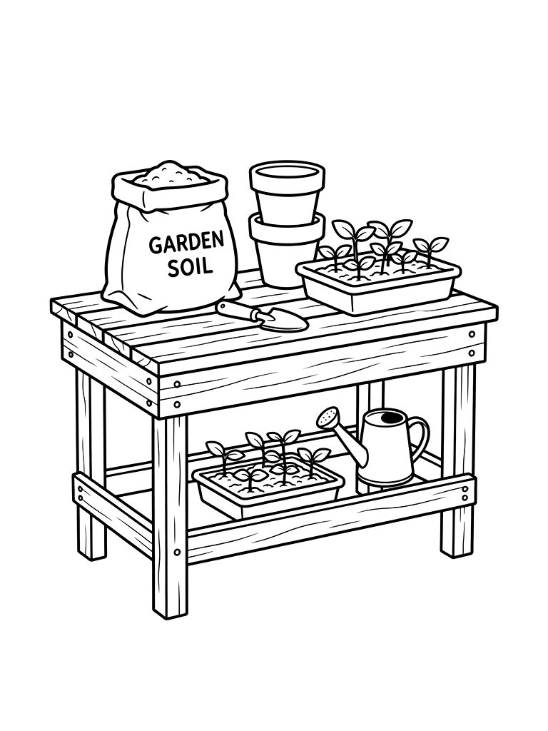 Weathered Wooden Potting Bench With A Bag Of Soil Coloring Page